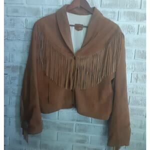 Vintage Handcrafted Mexican Leather Fringe Midriff Jacket L Snap Button NOTE